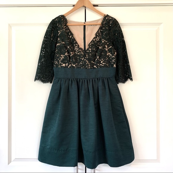 Eliza J Sz 10 Lace Fit & Flare Dress Dark Green V Neck 3/4 Sleeve Cocktail - Picture 8 of 8